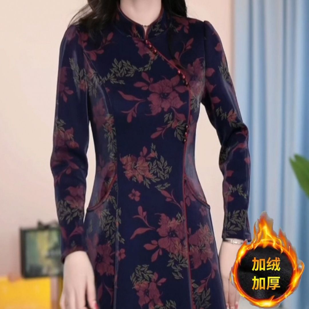 中年女裝琉璃精紡改良旗袍裙加絨秋冬款2023女高貴優雅中式禮服裙