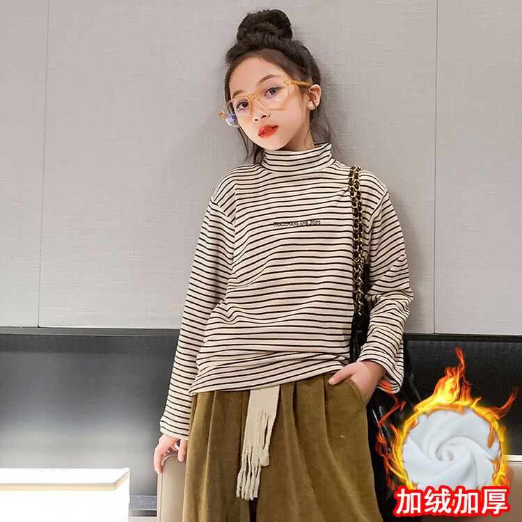 Girls half-turtle collar long-sleeved velvet bottoming shirt  new fashion striped tops winter sweatshirts for middle and older children