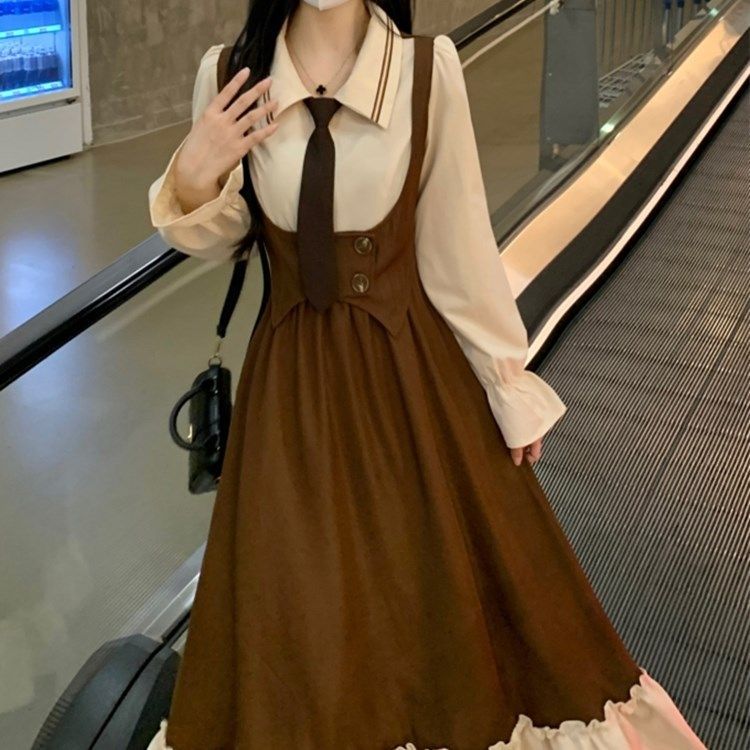 Unpopular Annie large size French tea break dress autumn fat mm slimming fake two-piece design college style skirt