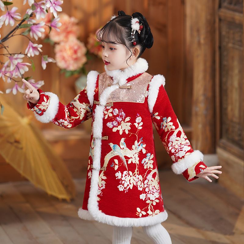 拜年服女童冬裝漢服兒童喜慶新年衣服加厚女寶寶過年旗袍唐裝冬季