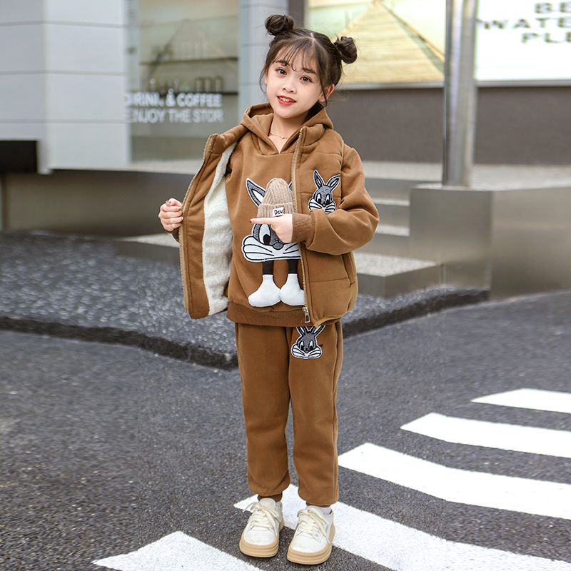 New winter  three-piece Bugs Bunny suit for girls, autumn and winter style, middle-aged, velvet and thickened children's clothing