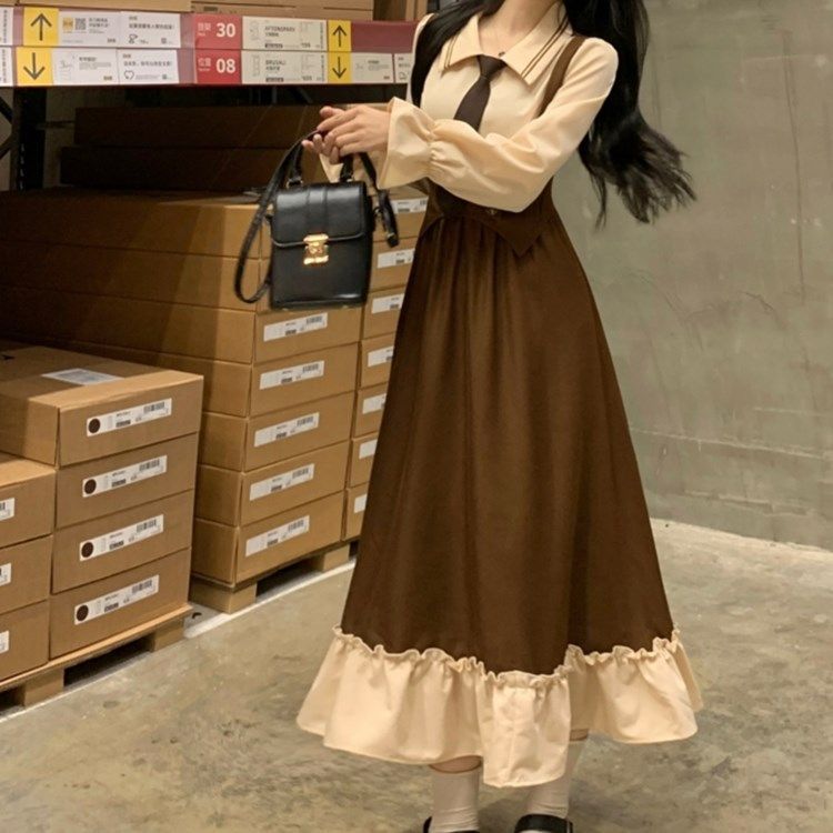 大碼胖mm美拉德穿搭學院風假兩件連衣裙女秋冬新款收腰顯瘦長裙子
