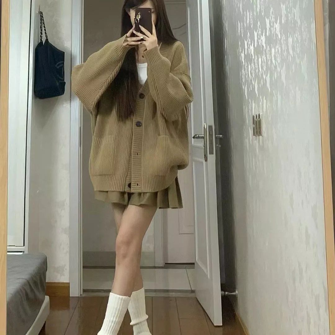 New style lazy style sweater women's cardigan winter V-neck coat Korean style sweater loose versatile thick top