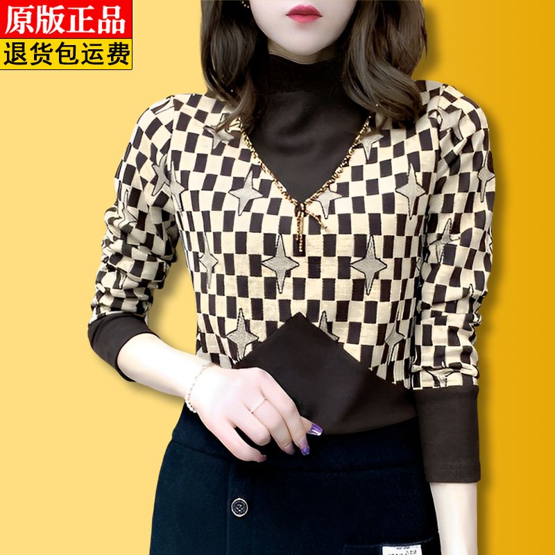 高檔時尚假兩件澳絨打底衫女秋冬款釘珠小衫收腰顯瘦保暖上衣
