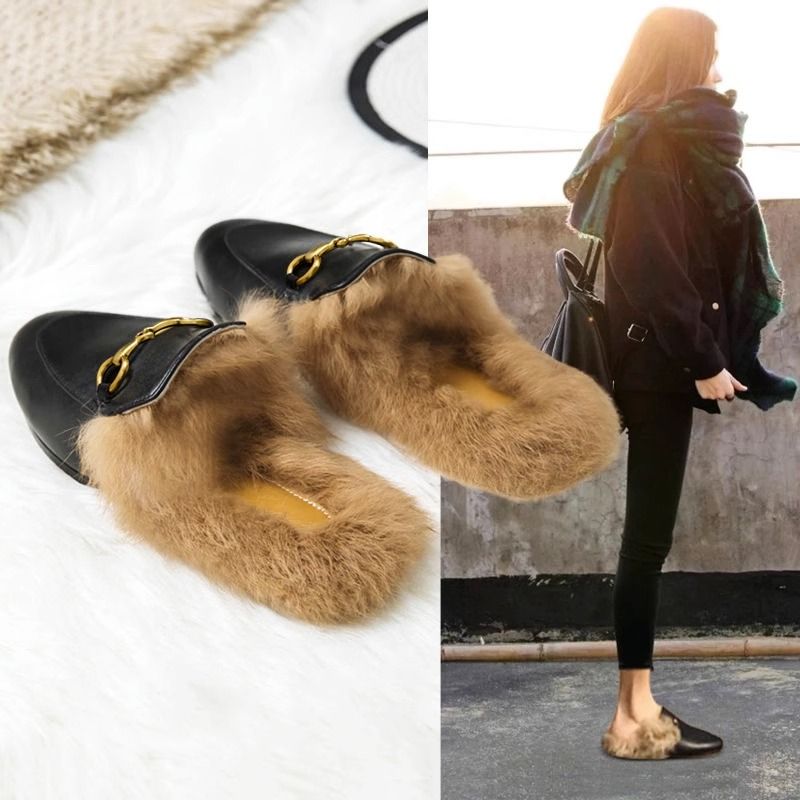 Furry slippers for women's outer wear in autumn and winter Internet celebrity soft leather rabbit fur toe-cap half slippers horsebit flat lazy mule shoes