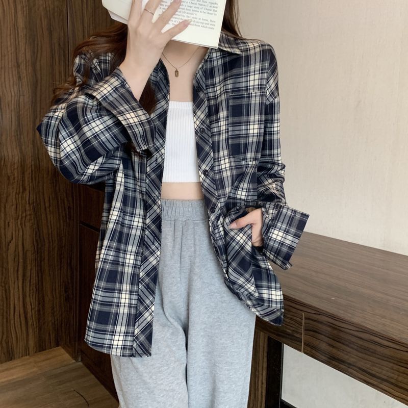 格瑞吉奧春秋慵懶風寬鬆格子襯衫外套女設計感小眾港味復古上衣潮