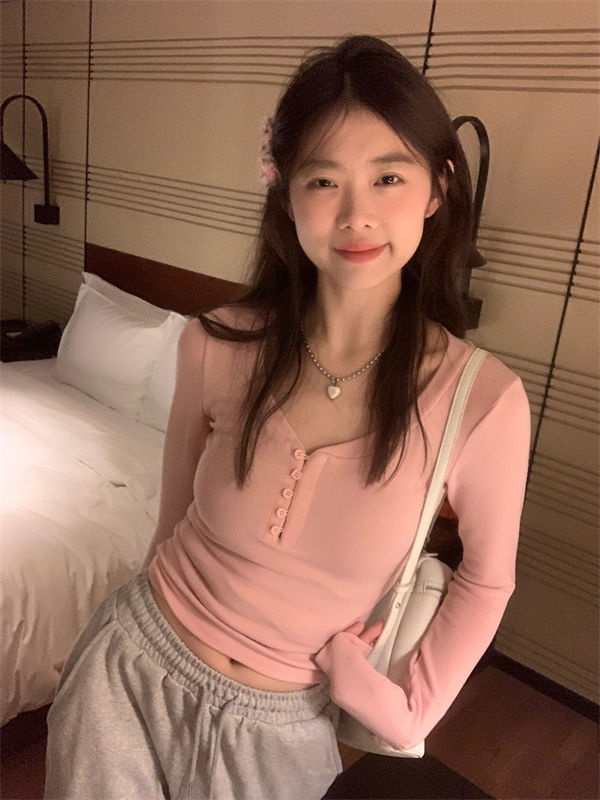純欲簡約緊身內搭打底衫女秋季新款修身顯瘦長袖法式T恤短款上衣