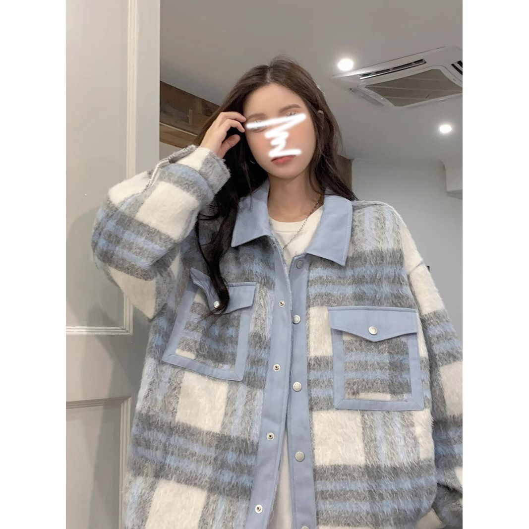 Designed woolen splicing jacket for women in autumn and winter new style lazy style American plaid loose style jacket trendy top