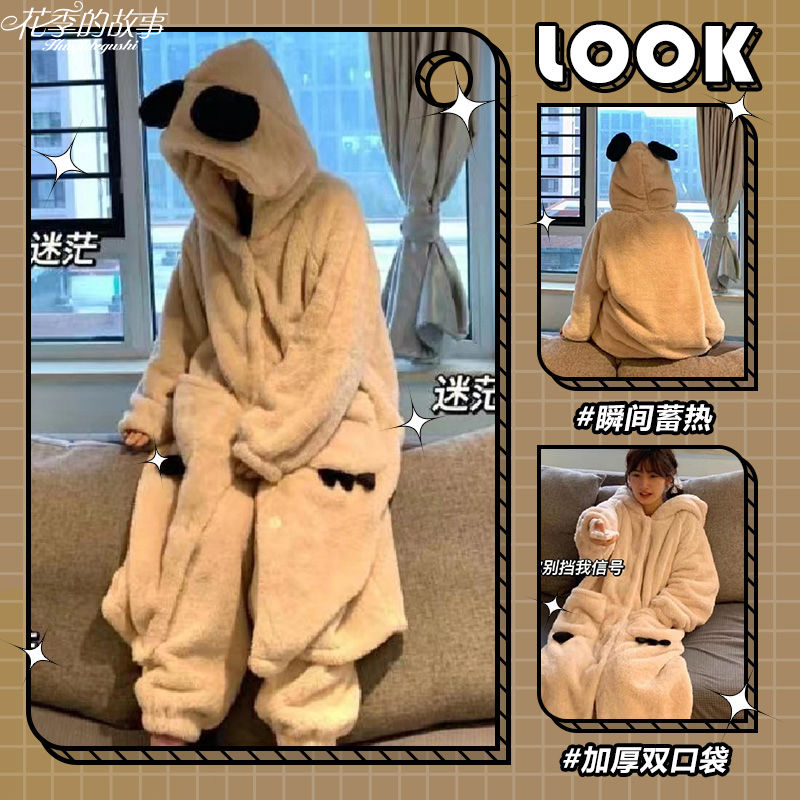 花季的故事法蘭絨睡衣女秋冬季連帽睡袍加絨加厚慵懶風可愛家居服