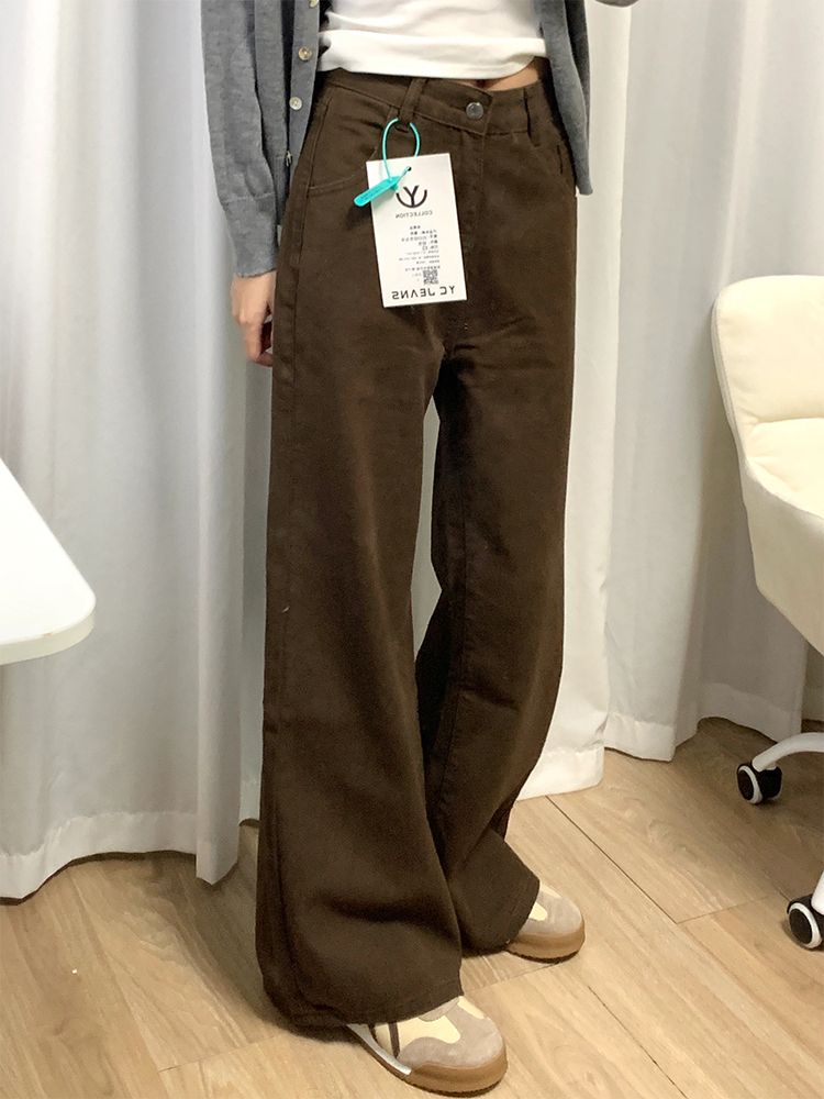 美拉德咖色不貼腿闊腿牛仔褲女冬季新款高腰顯瘦百搭直筒拖地褲子