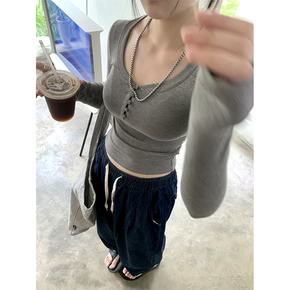 純欲美式長袖純欲風T恤秋季新款修身打底顯瘦辣妹短款面膜上衣ins