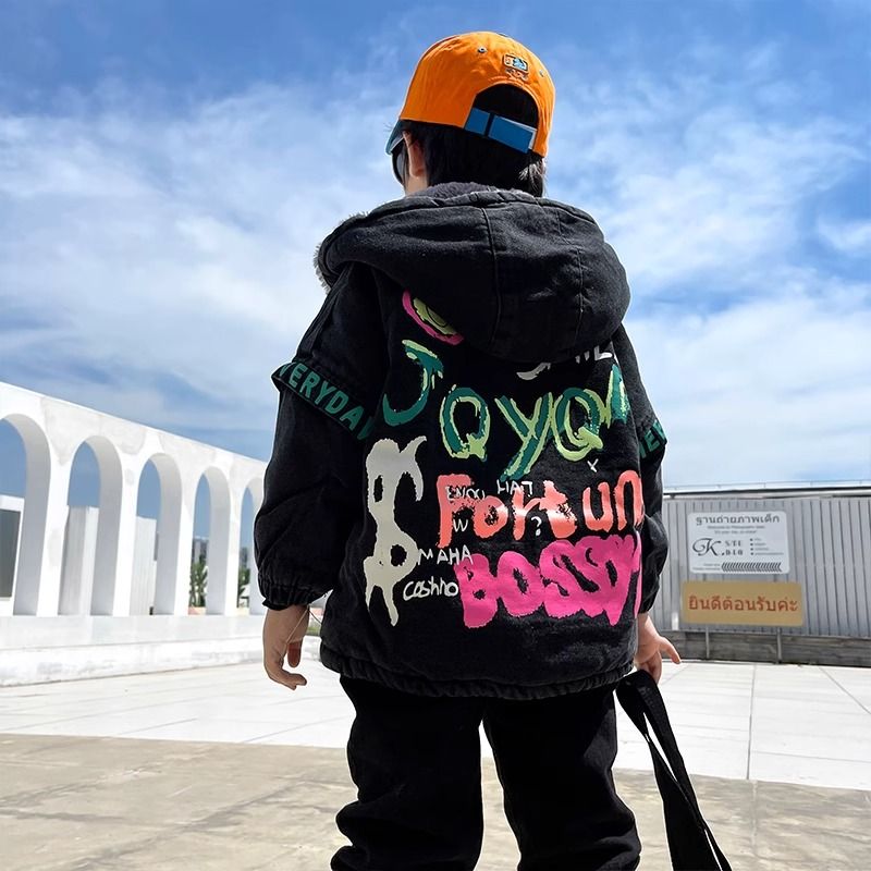 男童加絨牛仔外套冬款2023新款寶寶帥氣加厚派克服潮兒童冬裝棉襖