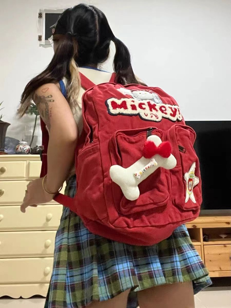 美式復古校園大容量雙肩包水洗帆布酒紅色可愛凱蒂貓女學生背包