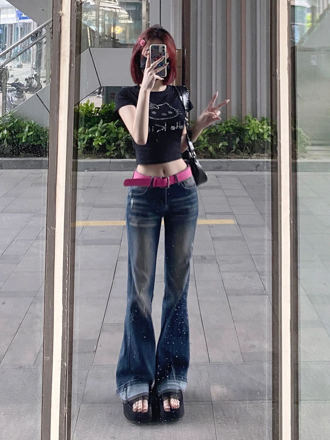 美式做舊破洞馬蹄牛仔褲女秋冬復古設計感彈力修身顯瘦微喇叭褲子