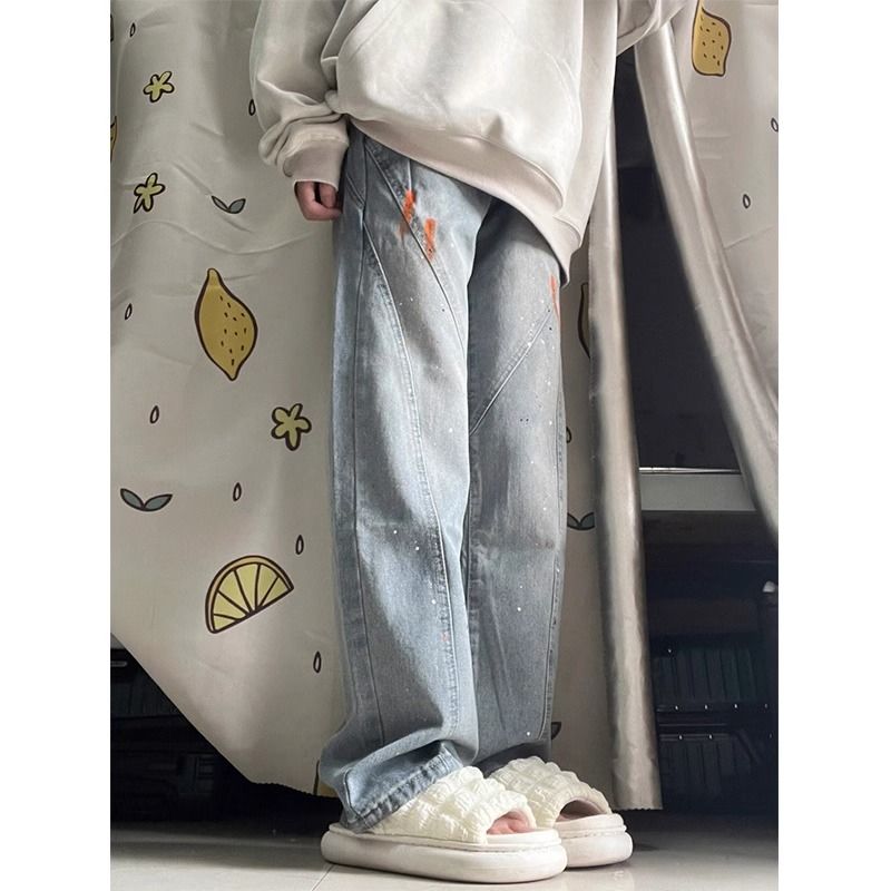 塗鴉做舊設計感牛仔褲女2023秋冬新款小個子直筒高腰顯瘦闊腿長褲