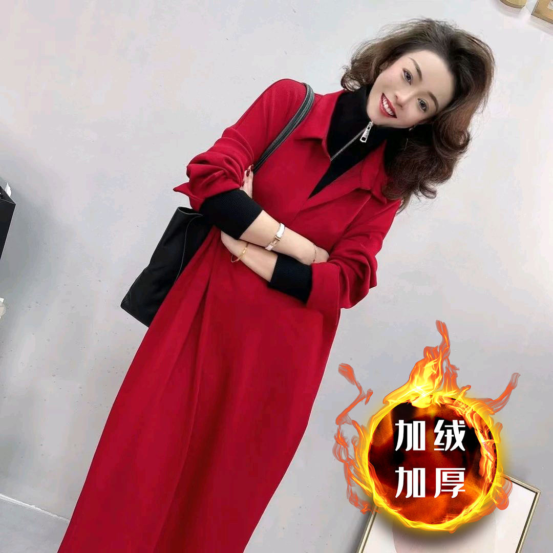 加绒加厚假两件连衣裙女秋冬新款时尚洋气收腰显瘦中长款裙子