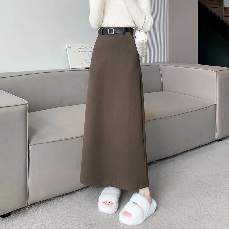 Yujie Style Woolen High Waist A-Line Skirt Autumn and Winter Pocket High Waist Midi-Length Skirt with Belt Back Slit Skirt
