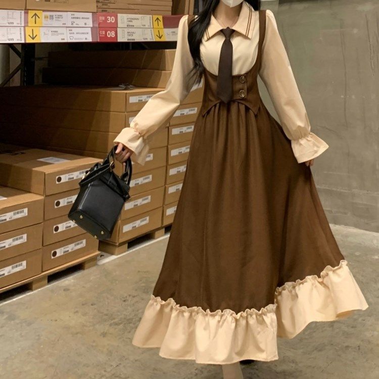 Unpopular Annie large size French tea break dress autumn fat mm slimming fake two-piece design college style skirt