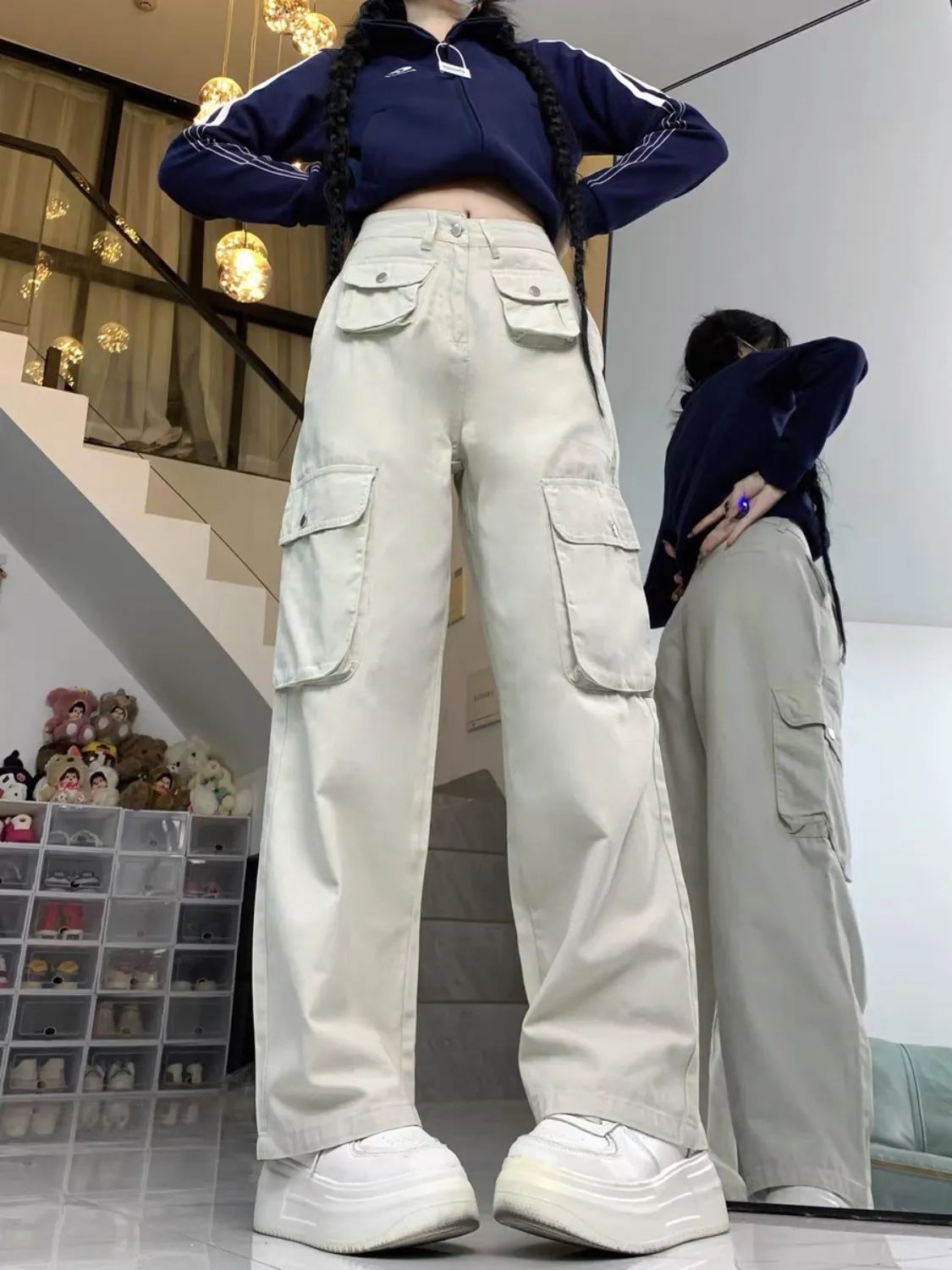 美式復古沙白色工裝褲女秋冬新款直筒寬鬆闊腿高腰顯瘦休閒牛仔褲