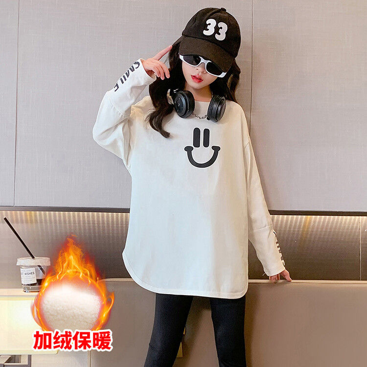 Girls' velvet bottoming shirt, stylish mid-length  new medium and large children's long-sleeved white T-shirt, simple inner wear and outer wear