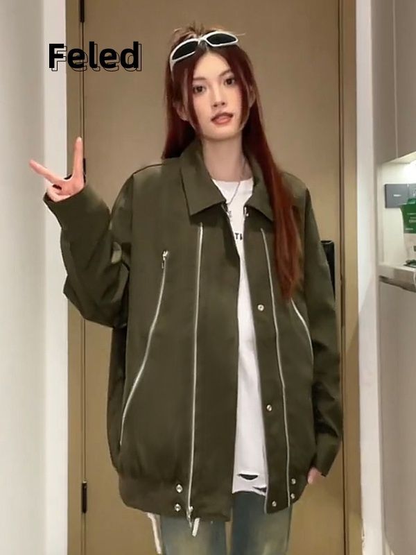 Feila Denton American high street design niche lapel bomber jacket for men and women retro loose couple coat