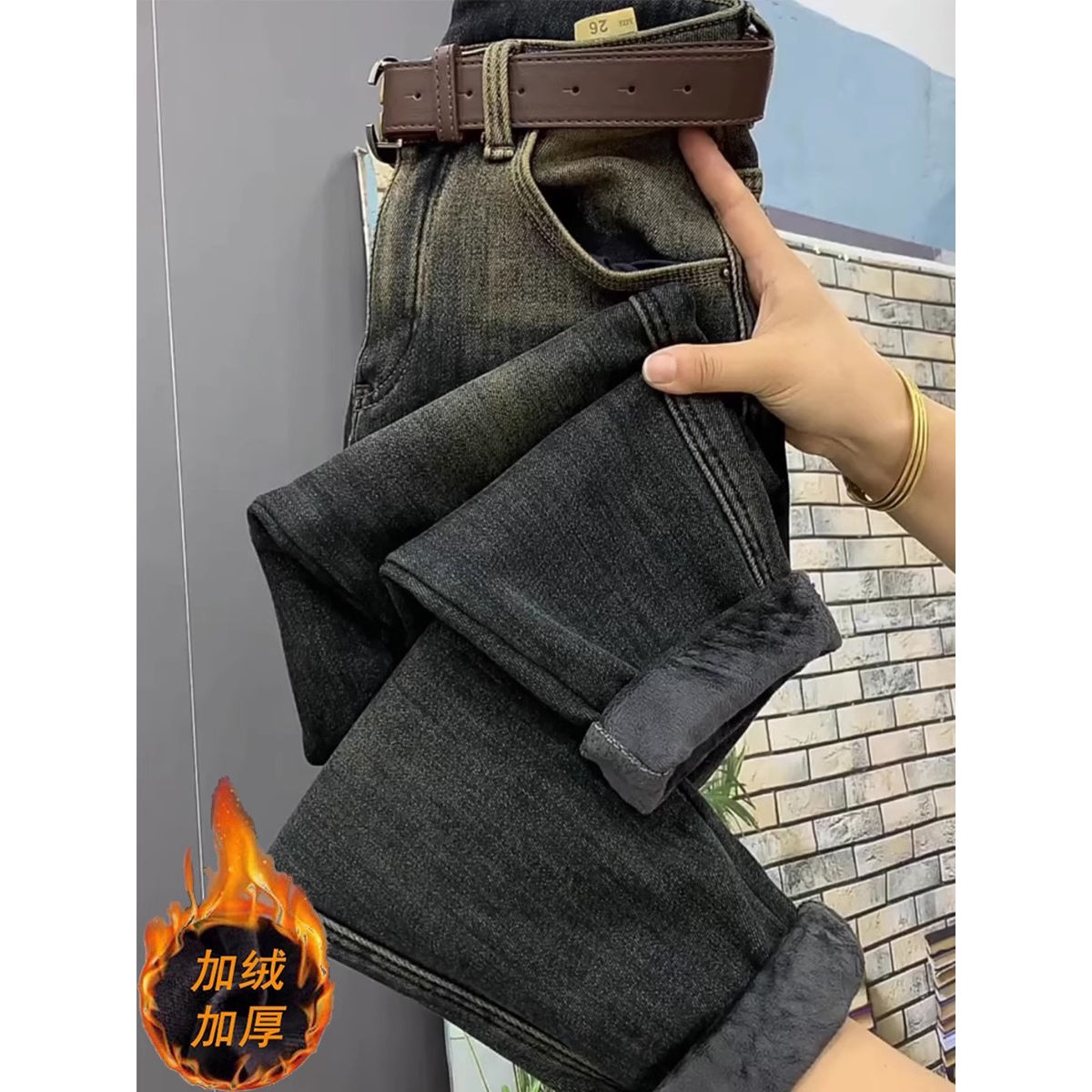 大碼加絨加厚牛仔褲女2023年秋冬新款高腰顯瘦百搭九分哈倫老爹褲