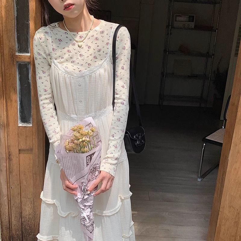 法式碎花長袖針織衫t恤秋季新款內搭修身洋氣打底衫甜美圓領上衣