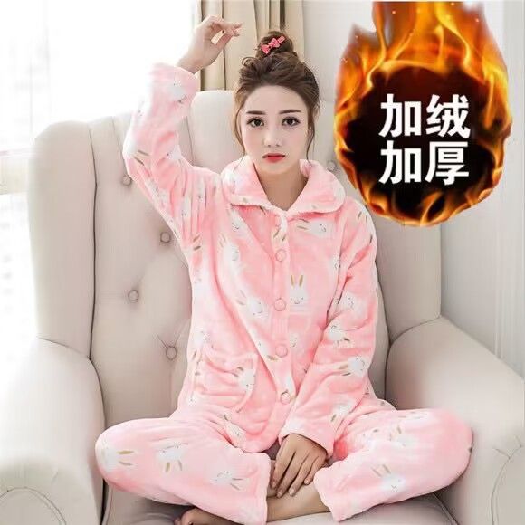 Autumn and winter thickened velvet women's flannel pajamas long-sleeved double-sided velvet mother's wear plus size coral velvet suit