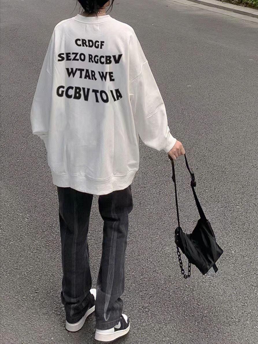 美式白色圓領寬鬆衛衣女秋冬2023新款小眾ins潮牌顯瘦情侶裝上衣