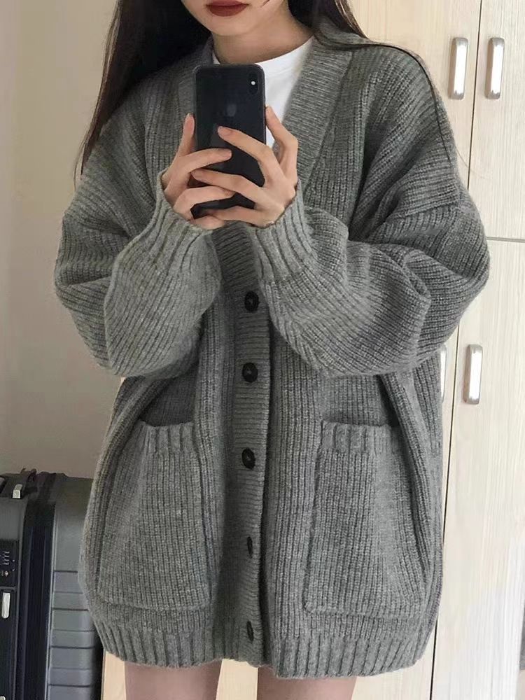Cardigan knitted gray sweater jacket top 2023 new women's autumn and winter thickened lazy style loose sweater
