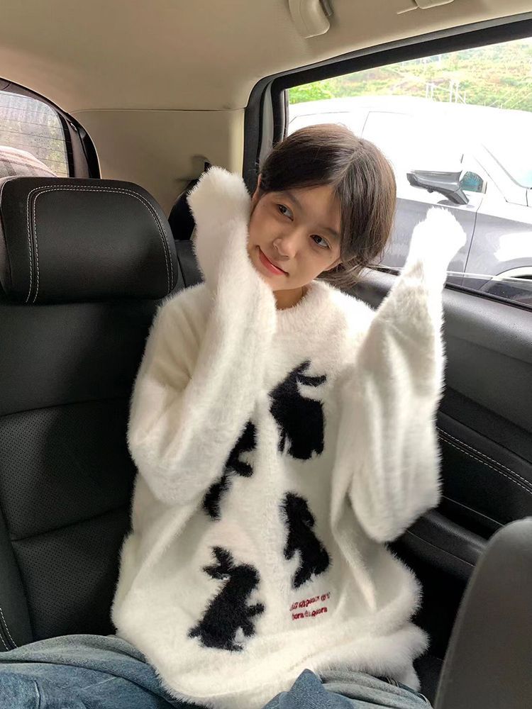 美式學院風白色仿水貂毛毛衣女秋冬套頭圓領針織衫寬鬆慵懶風上衣