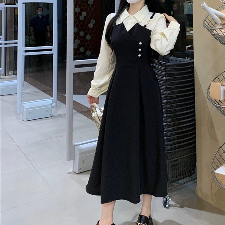 大碼復古長袖赫本風顯瘦polo連衣裙女秋季氣質新款胖mm假兩件長裙