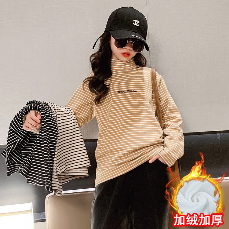 Girls half-turtle collar long-sleeved velvet bottoming shirt  new fashion striped tops winter sweatshirts for middle and older children