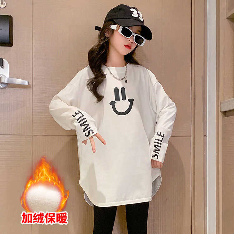 Girls' velvet bottoming shirt, stylish mid-length  new medium and large children's long-sleeved white T-shirt, simple inner wear and outer wear