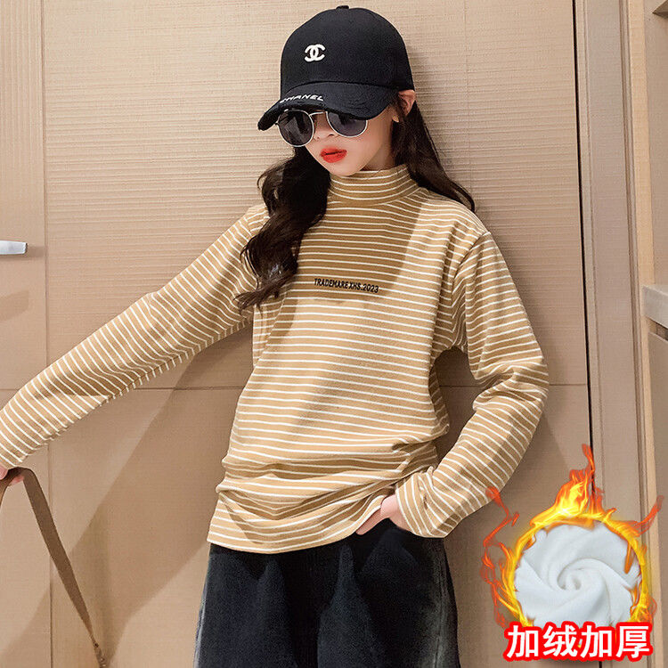 Girls half-turtle collar long-sleeved velvet bottoming shirt  new fashion striped tops winter sweatshirts for middle and older children