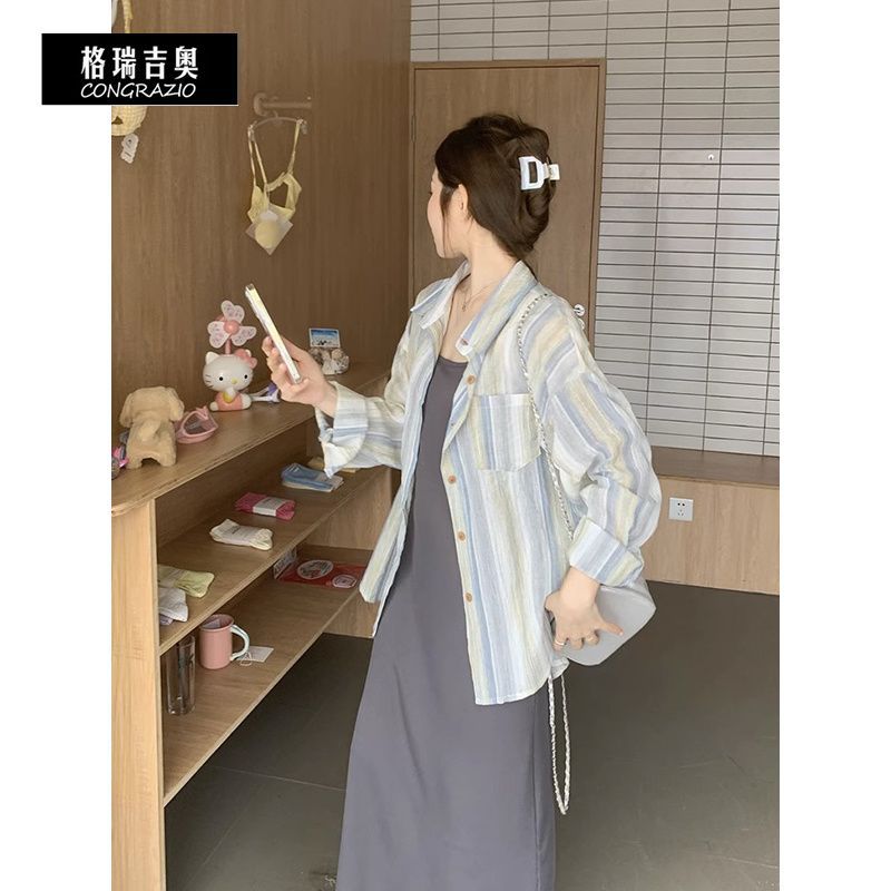 CONGRAZIO/格瑞吉奧法式復古條紋襯衫女春秋寬鬆長袖慵懶上衣外套