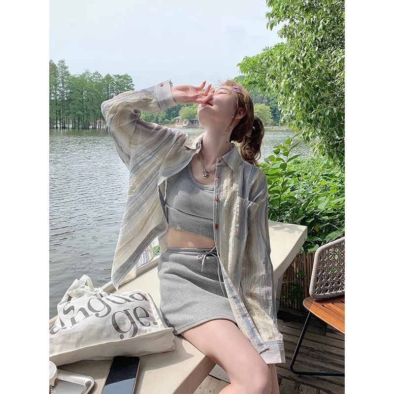 長袖襯衫女設計感條紋休閒薄外套秋季寬鬆法式慵懶風小眾開衫上衣