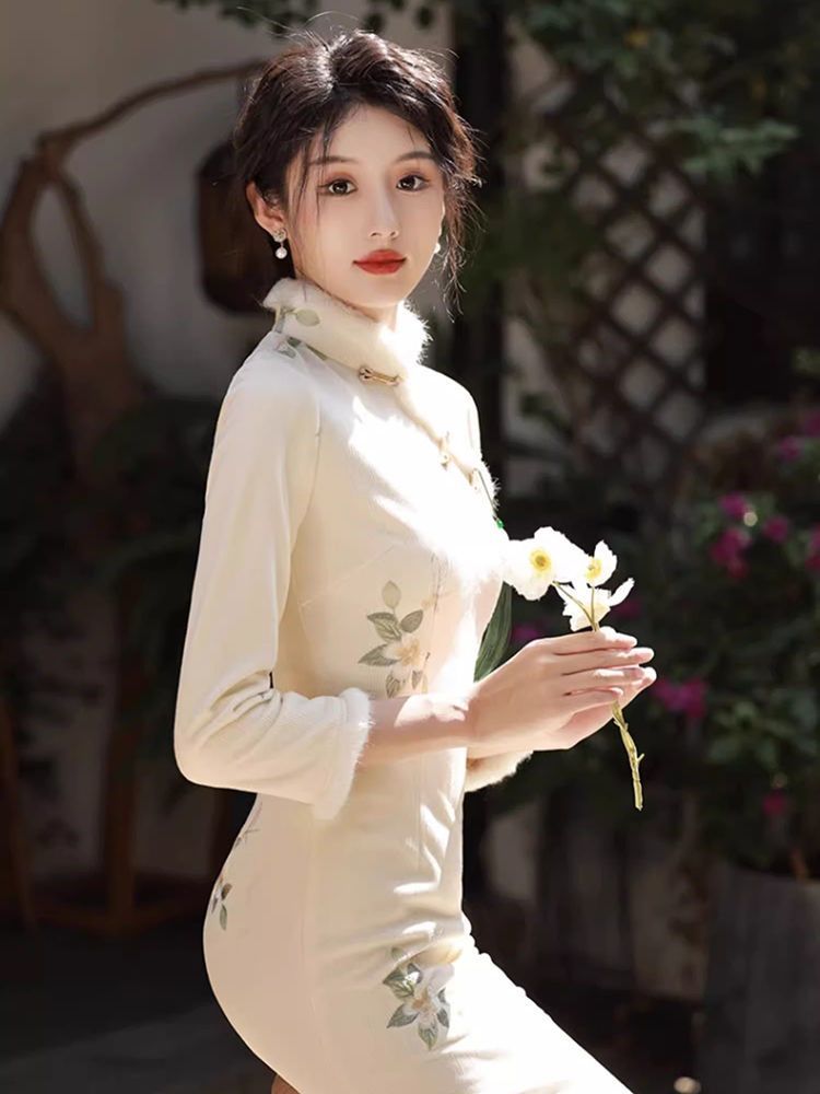 改良旗袍冬季加厚加絨少女2023新中式長袖高端氣質年輕款日常可穿