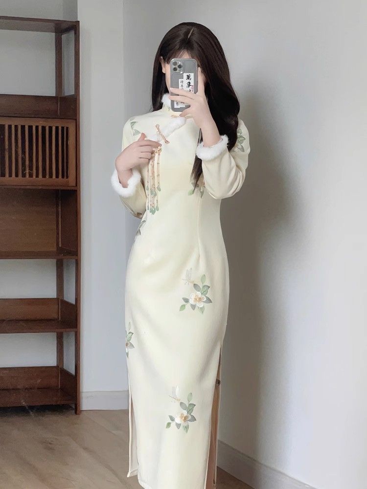 改良旗袍少女長袖加絨冬季2023新款刺繡復古民國加厚高級感年輕款