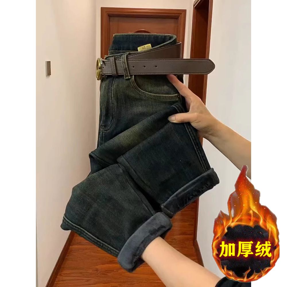 加絨加厚哈倫牛仔褲女2023年秋冬新款梨形身材高腰顯瘦九分老爹褲
