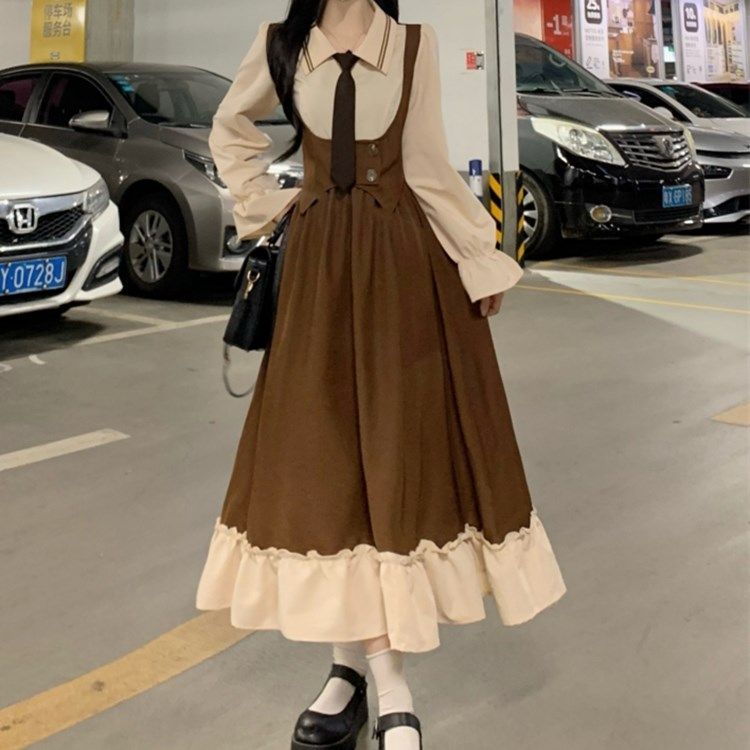 大碼女裝胖mm設計感小眾法式長裙秋冬非正式學院風假兩件連衣裙子