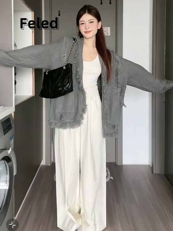 飛拉丹頓復古慵懶風不規則流蘇外套男女秋季寬鬆潮牌灰色針織上衣