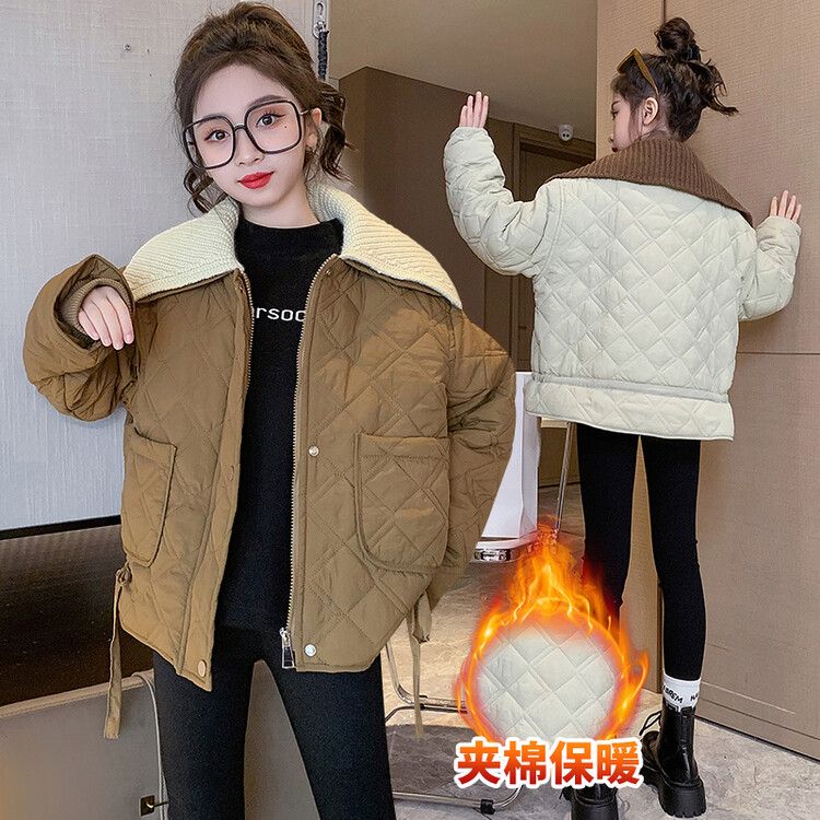 Girls' autumn and winter style jackets, trendy girls' big children's velvet thickened medium and large children's cotton-padded baseball uniform jackets