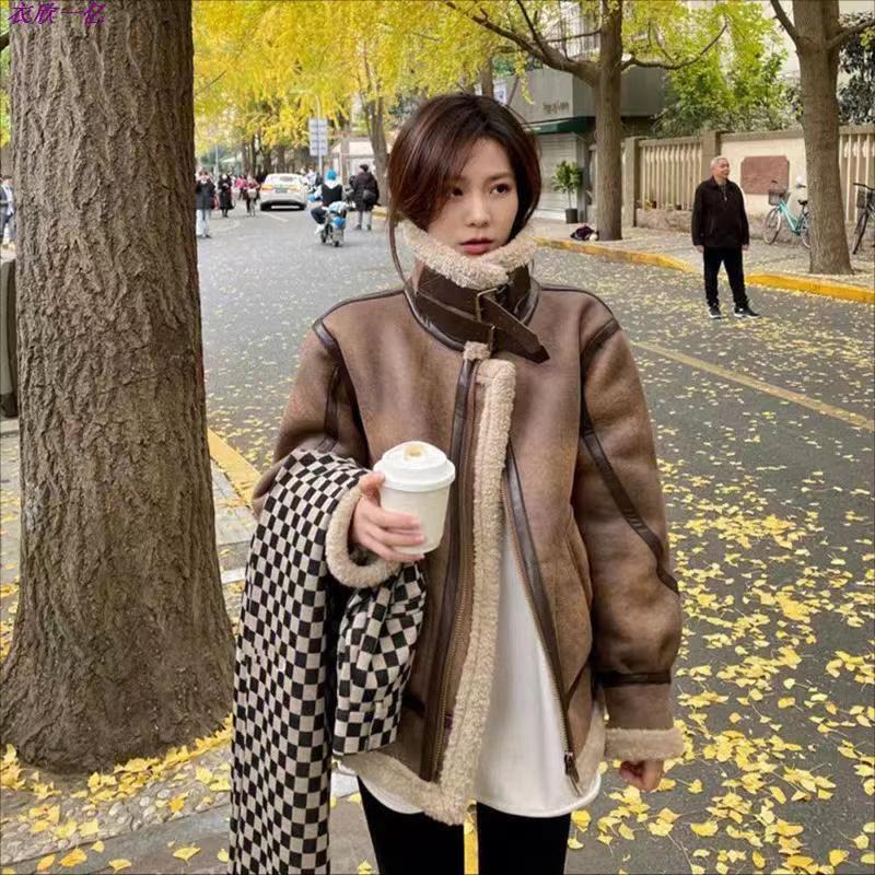 皮毛一體羊羔毛外套女2023新款冬季麂皮絨機車服夾克羊羔絨棉服女