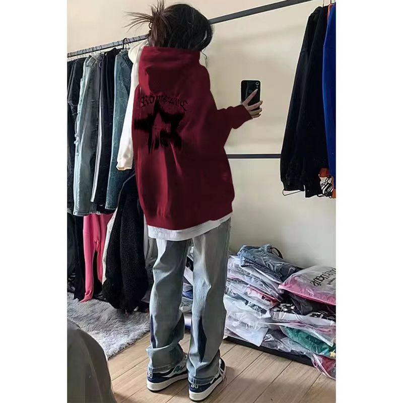 慵懶風連帽酒紅色衛衣女寬鬆秋冬季新款加絨加厚oversize上衣外套