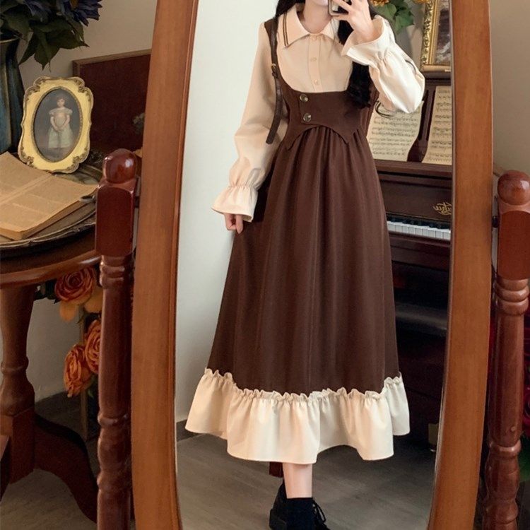 Large size French retro temperament long-sleeved dress women's autumn skirt fat mm covers the belly and looks slim A-line skirt for small people