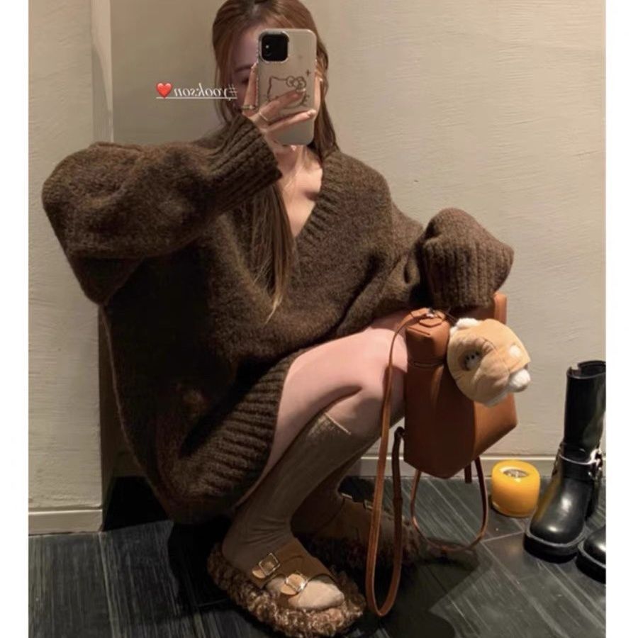 慵懶風軟糯V領大毛衣女2023秋冬新款寬鬆外穿套頭休閒針織衫上衣