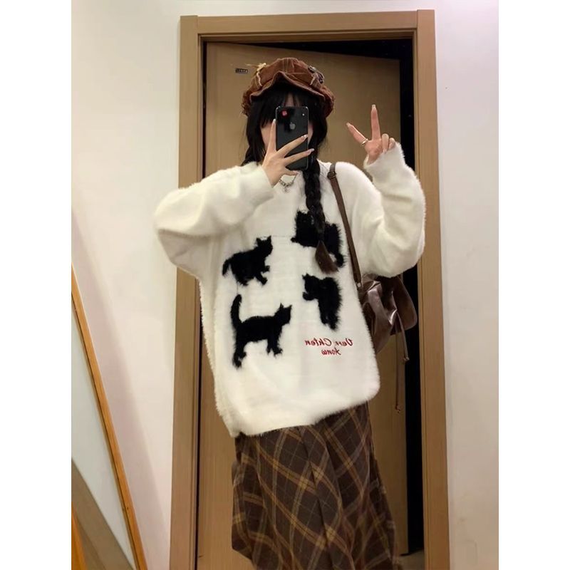 日系慵懶復古白色兔子毛衣女秋冬季水貂毛慵懶風軟糯寬鬆長袖上衣