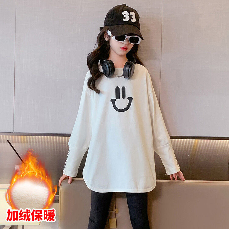 Girls' velvet bottoming shirt, stylish mid-length  new medium and large children's long-sleeved white T-shirt, simple inner wear and outer wear