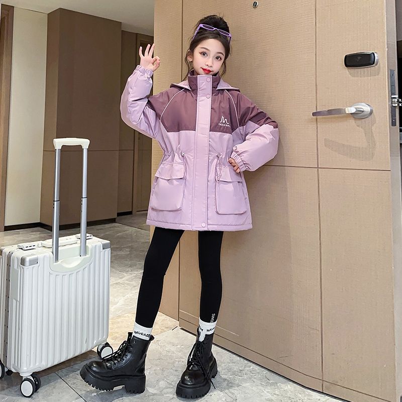 女童加絨加棉外套中長款派克服棉衣冬新款中大童韓版收腰洋氣外衣